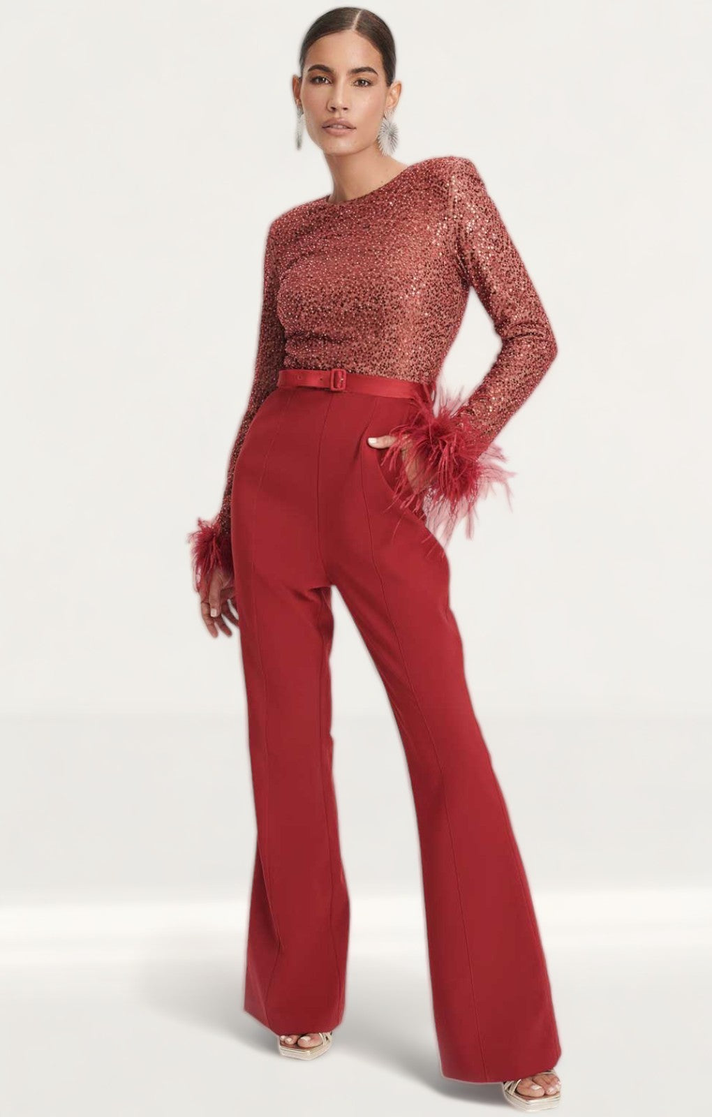 Lavish Alice Beaded and Sequin Tailored Jumpsuit in Burgundy