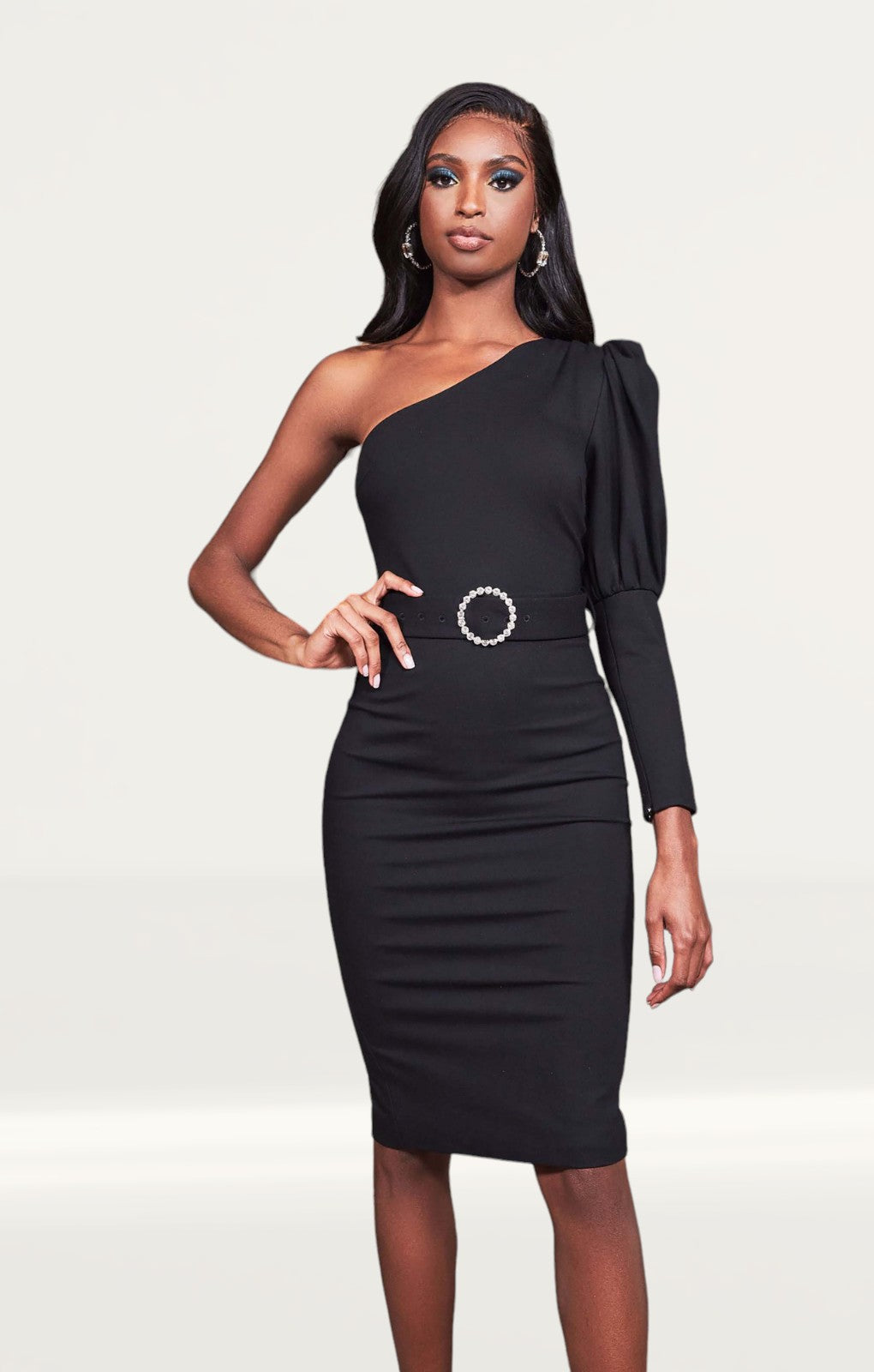 Rent Lavish Alice Black Puff Sleeve Midi Dress With Diamante Belt Hirestreet