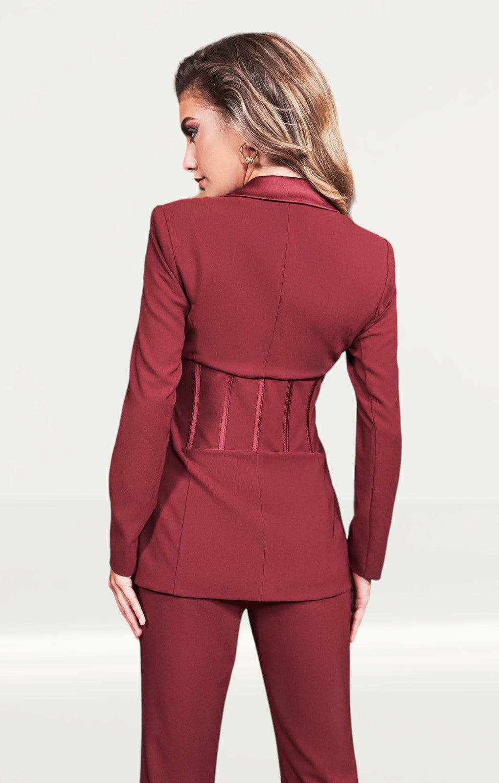 Lavish Alice Burgundy Corset Style Tailored Jacket And Flare Trousers