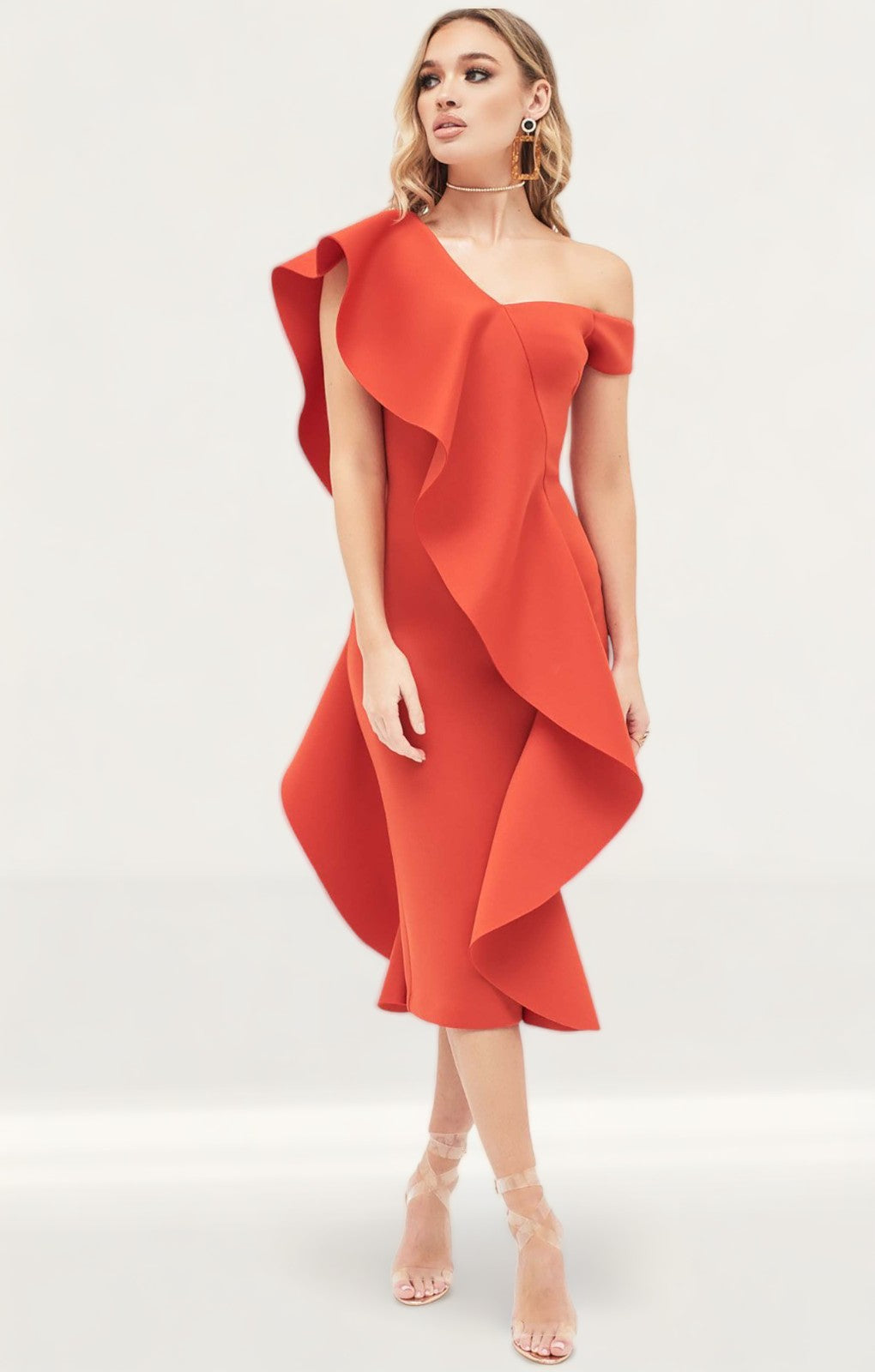 Rent Lavish Alice Off The Shoulder Exaggerated Frill Scuba Midi Dress In Red Hirestreet