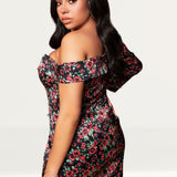 Lavish Alice Rose Print Statement Shoulder Mini Dress