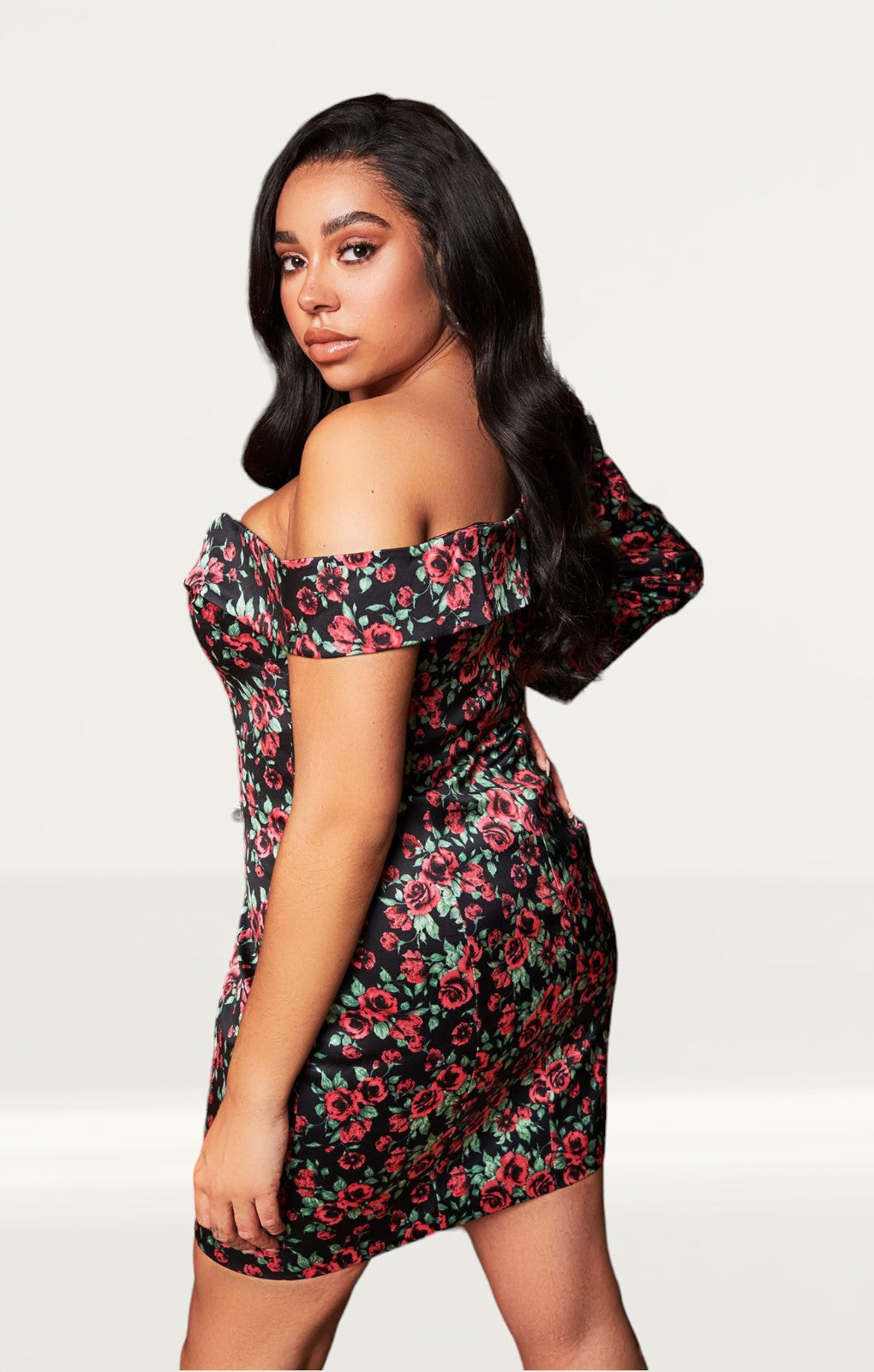 Lavish Alice Rose Print Statement Shoulder Mini Dress