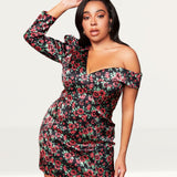 Lavish Alice Rose Print Statement Shoulder Mini Dress