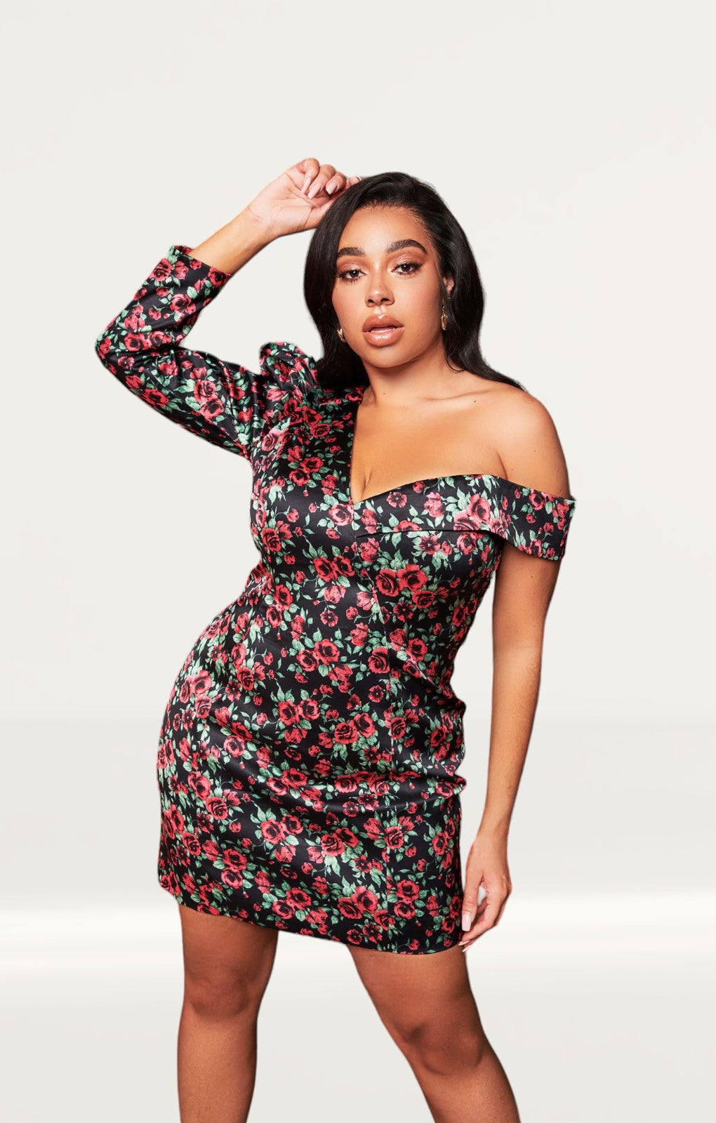 Lavish Alice Rose Print Statement Shoulder Mini Dress