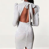 Lavish Alice Silver Open Back Sequin Midi Dress With Bow Detail