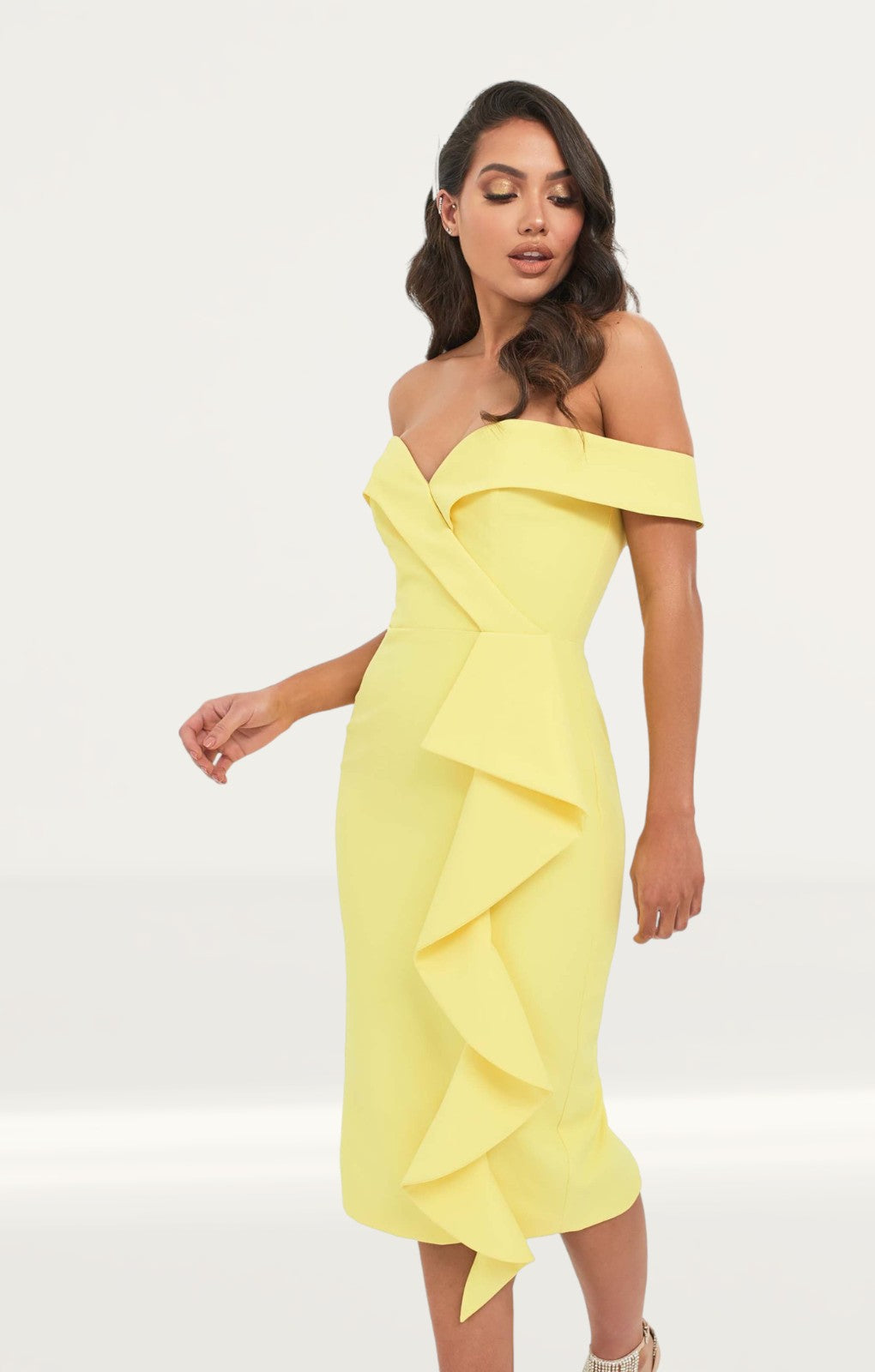 Rent Lavish Alice Yellow Bardot Midi Dress Hirestreet