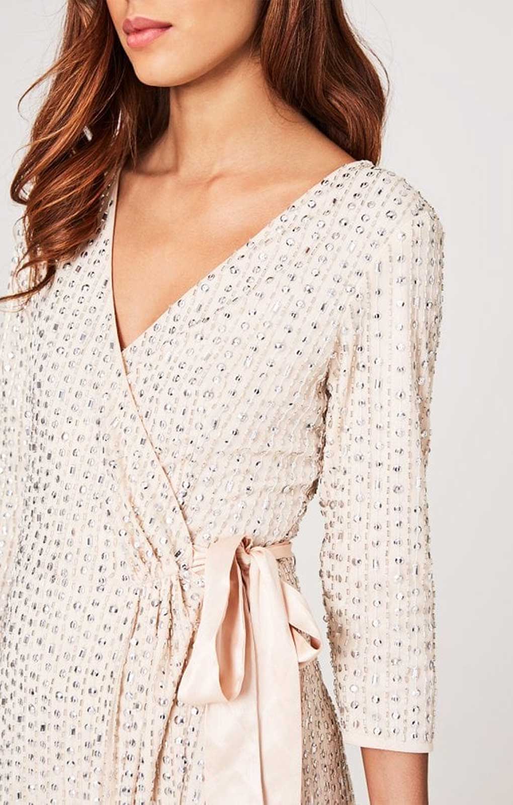 Rent Little Mistress Cecily Nude Embellished Wrap Dress Hirestreet