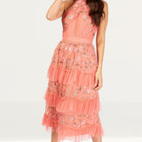 Little Mistress Peach Embroidered Halter Midi