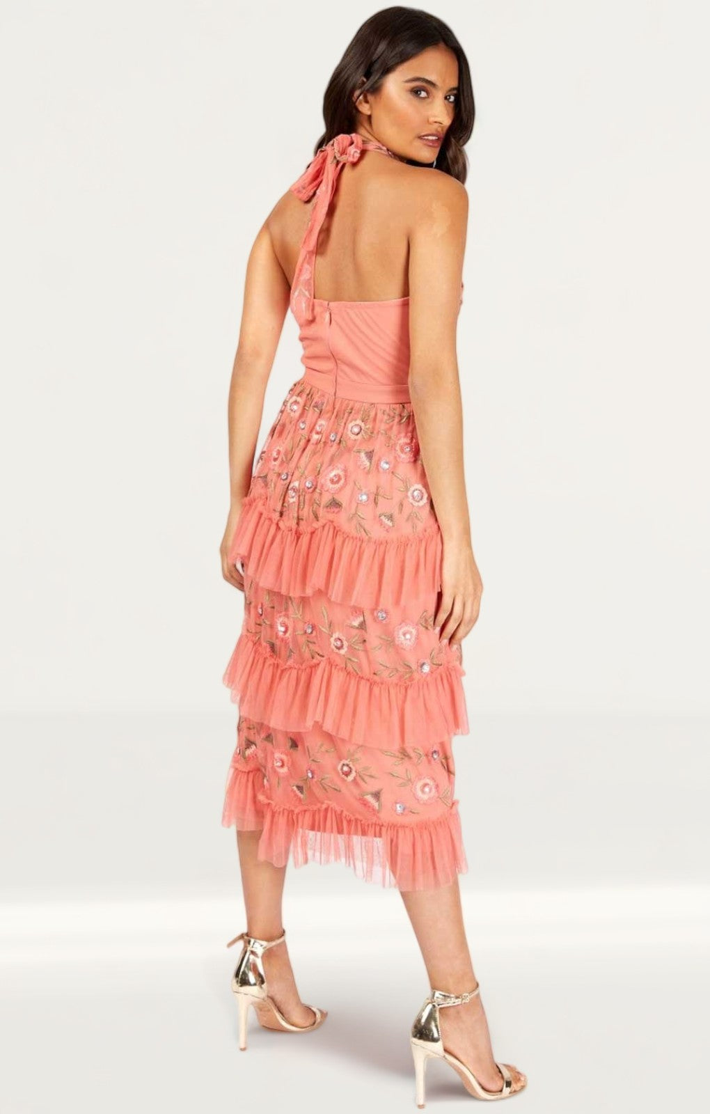 Little Mistress Peach Embroidered Halter Midi