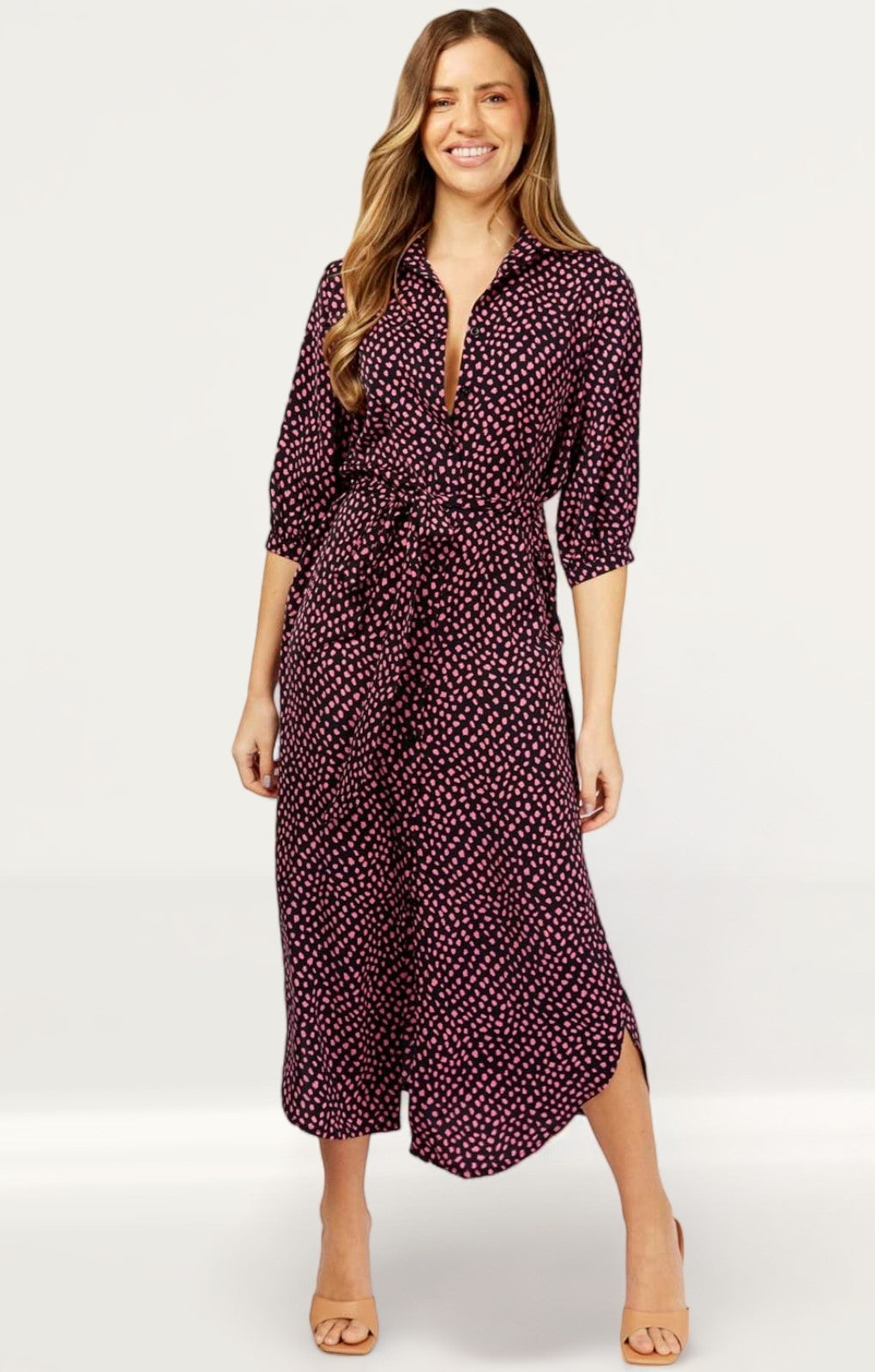 Little Mistress Navy And Pink Spot Print Midaxi Shirt Dress