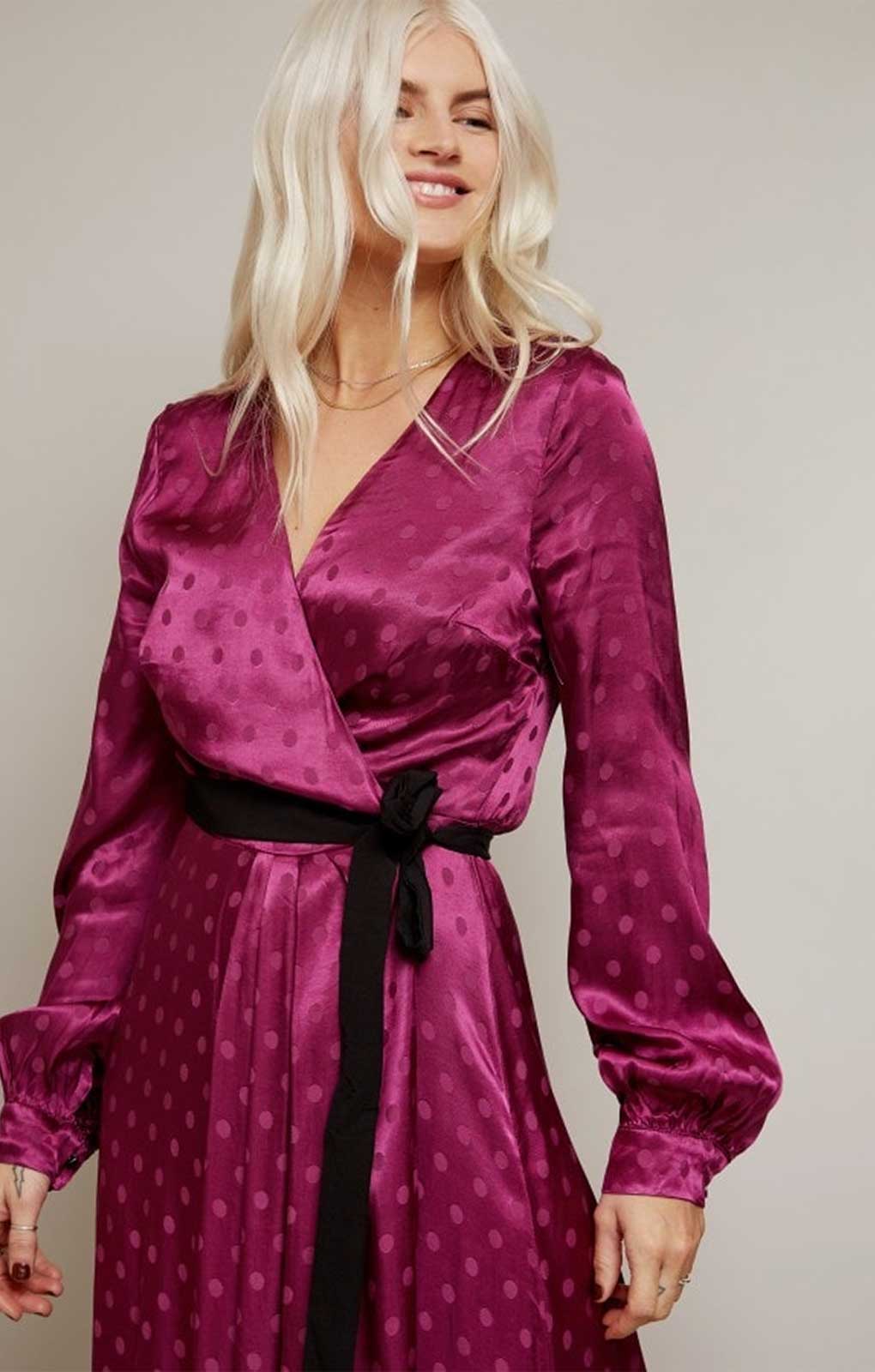 Little Mistress Tasmin Mulberry Polka-Dot Asymmetric Maxi Wrap Dress