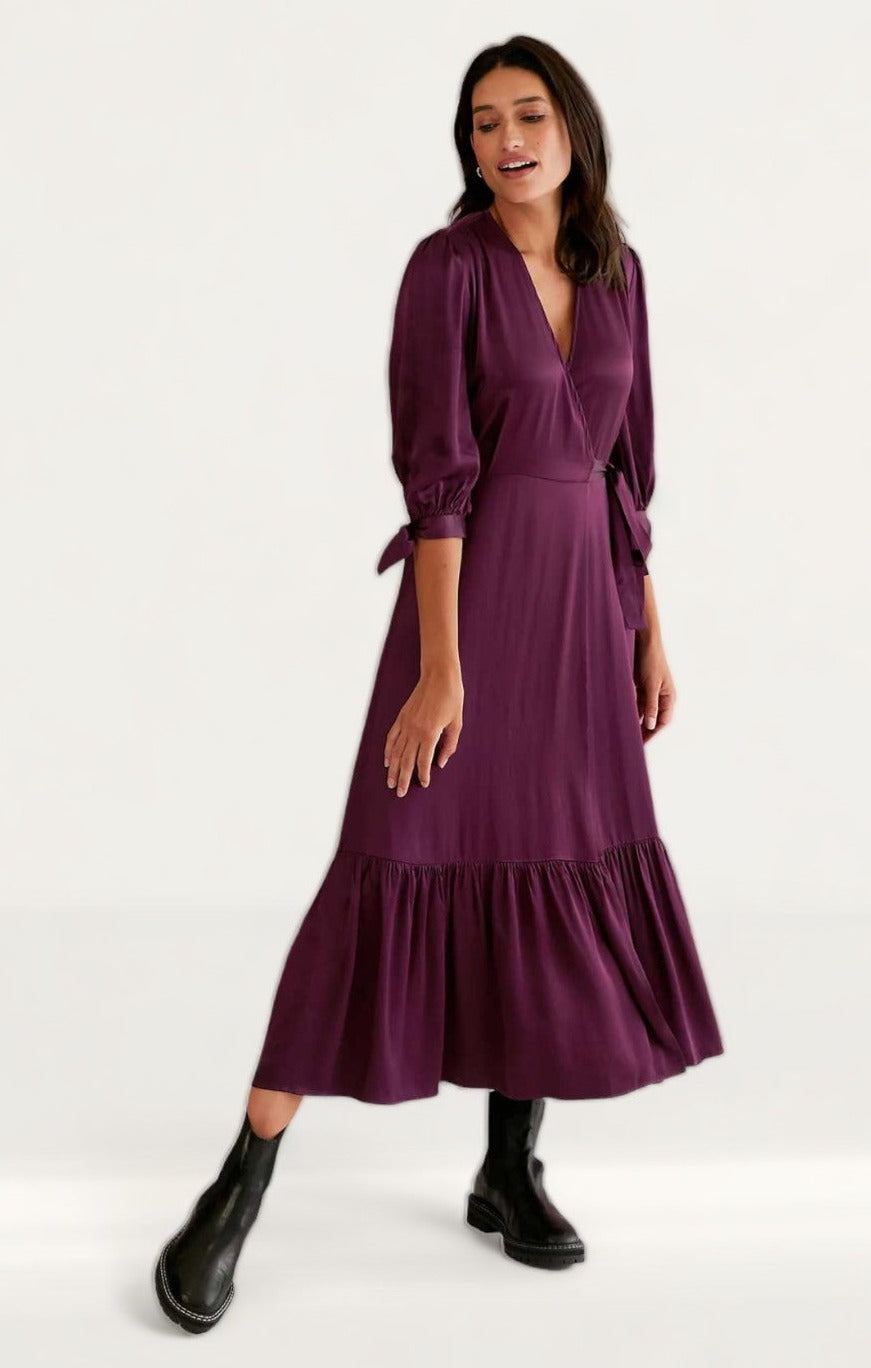 M S X Ghost Satin V Neck Tie Sleeve Midi Wrap Dress