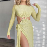 Meshki Green Shimmer Christina Backless Maxi Wrap Dress