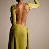 Meshki Green Shimmer Christina Backless Maxi Wrap Dress