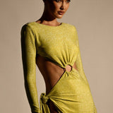 Meshki Green Shimmer Christina Backless Maxi Wrap Dress