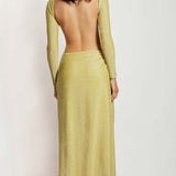 Meshki Green Shimmer Christina Backless Maxi Wrap Dress