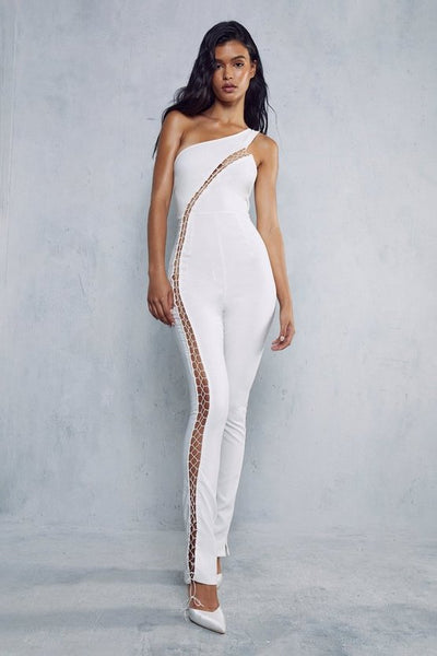 Misspap White Lace Up One Shoulder Jumpsuit