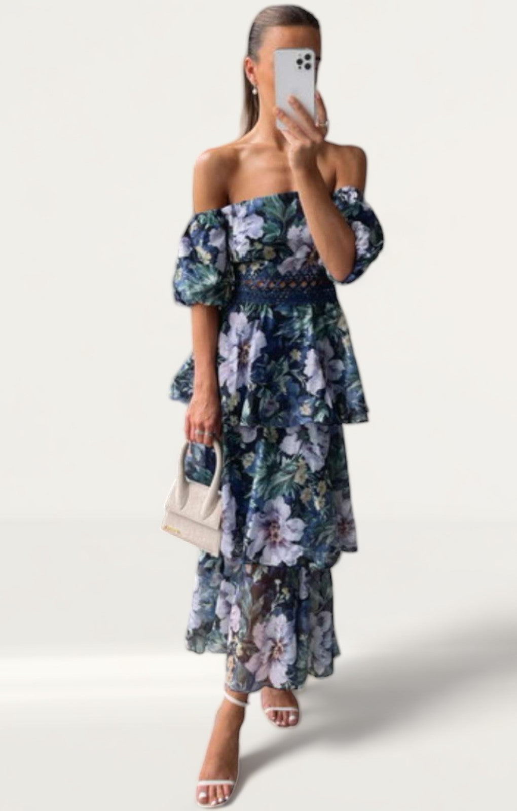 Oasis Leanna Floral Tiered Organza Bardot Midi Dress