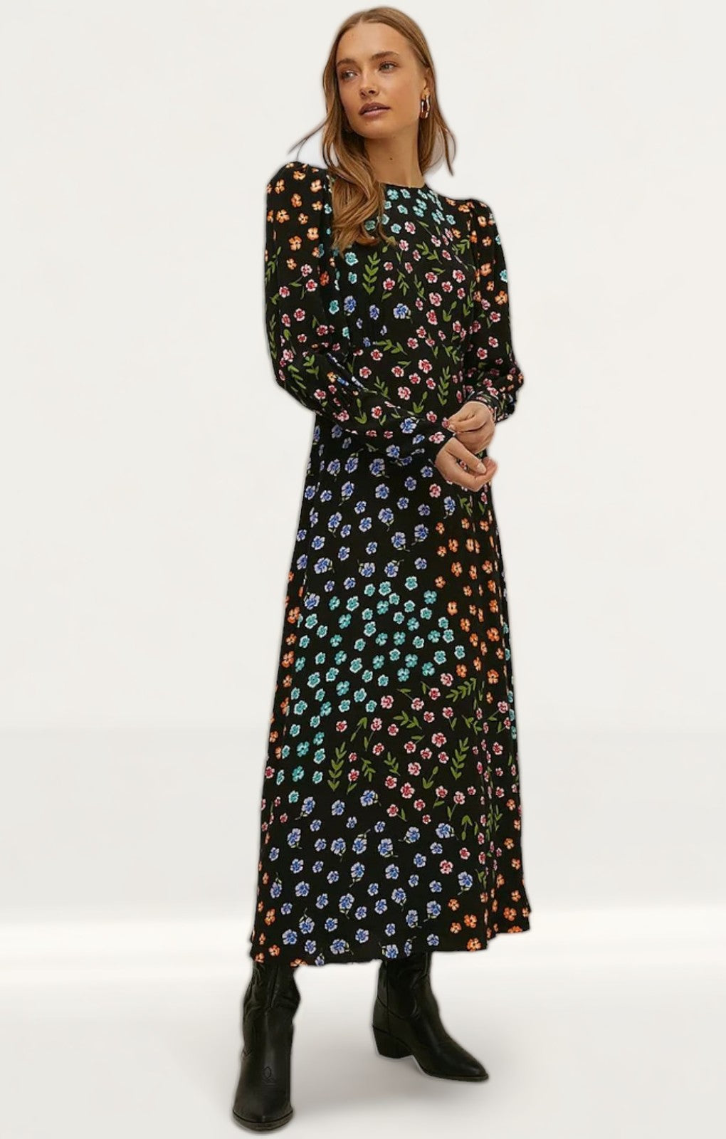 Oasis Patchwork Floral Puff Sleeve Midi Dress