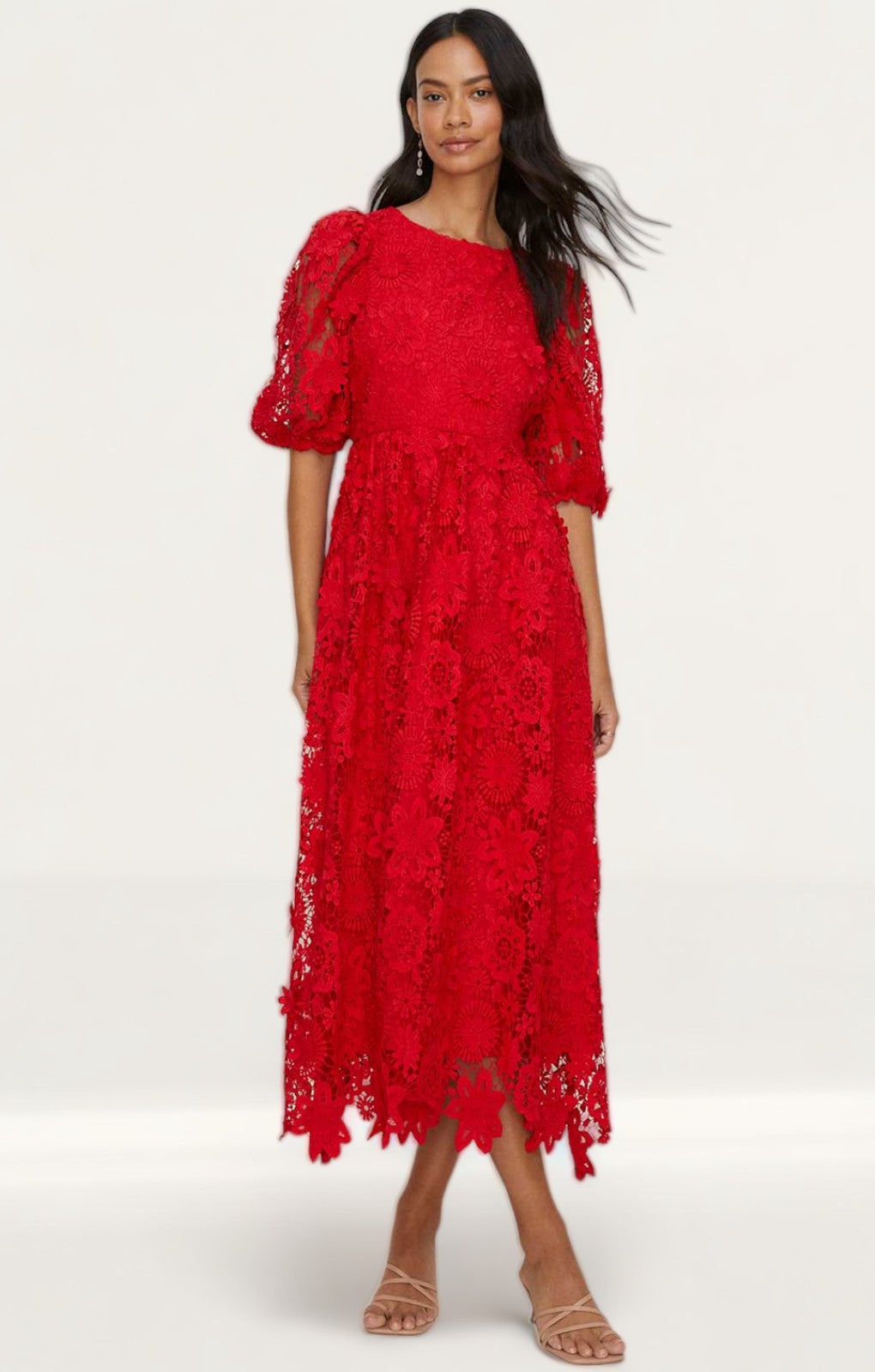 Oasis Red Lace Puff Sleeve Midi Dress