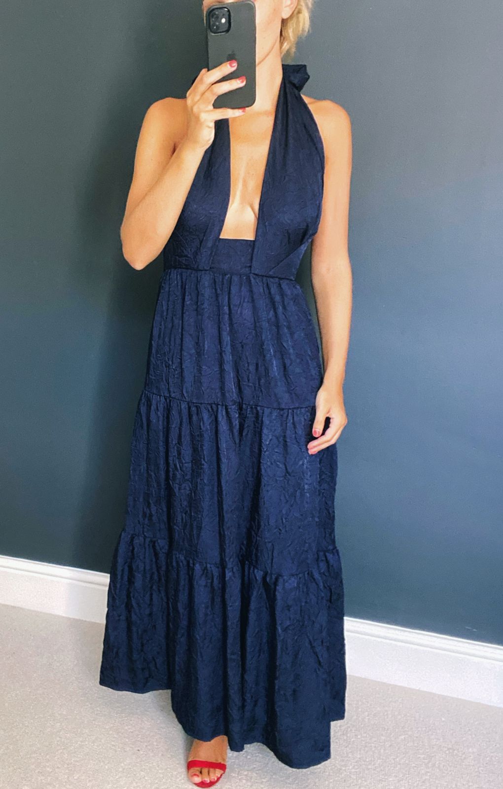 Denim halter hot sale maxi dress