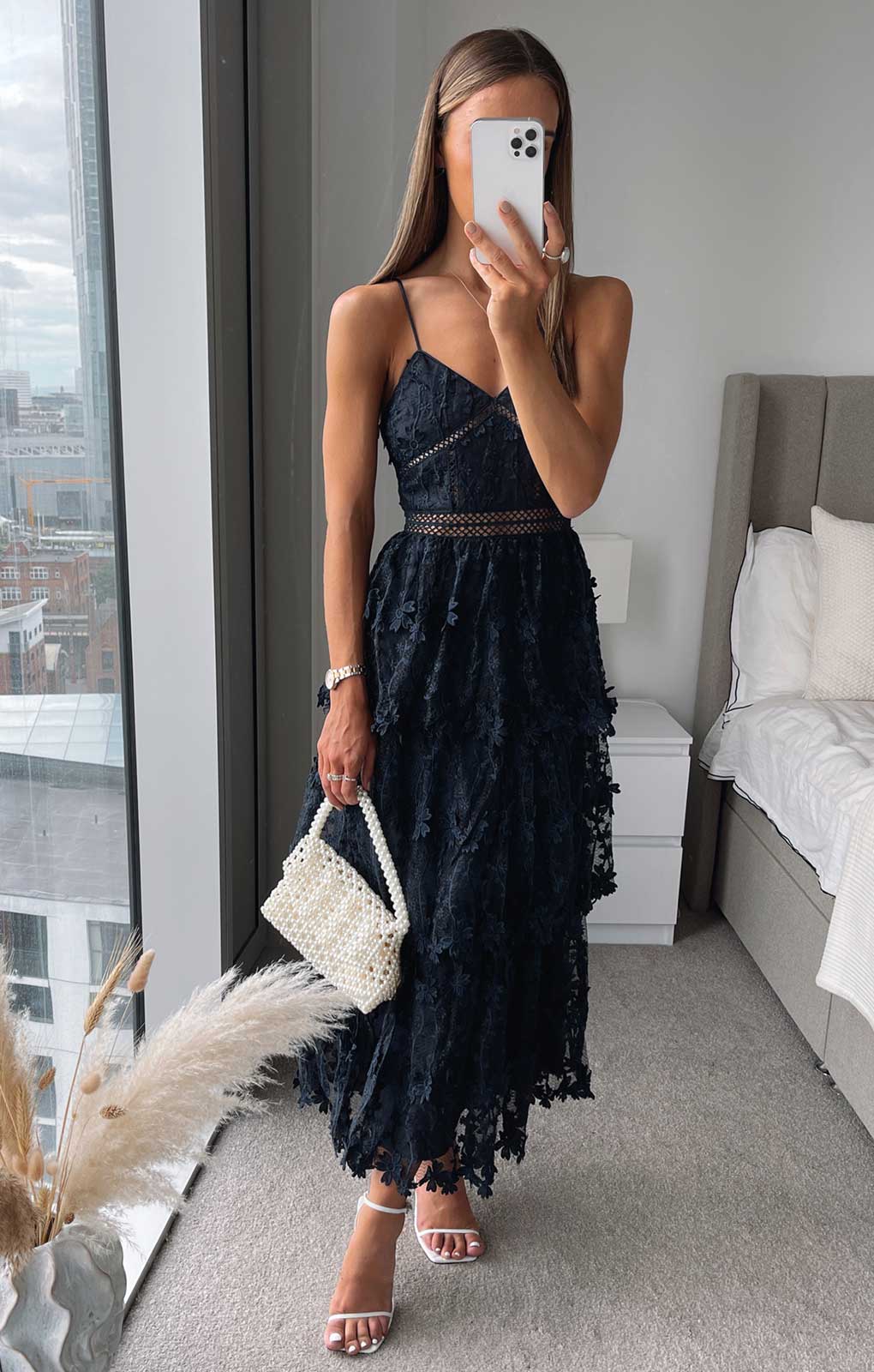 Oasis Navy Lace Tiered Strappy Midi Dress