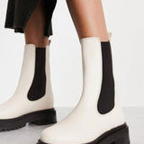 Leather Pull On Chunky Boots In White