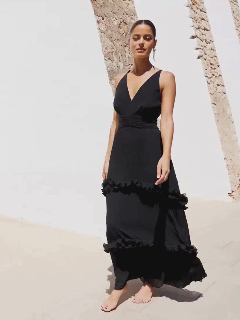 Rent Ro Zo Sienna Black Pleated Frill Maxi Dress Hirestreet