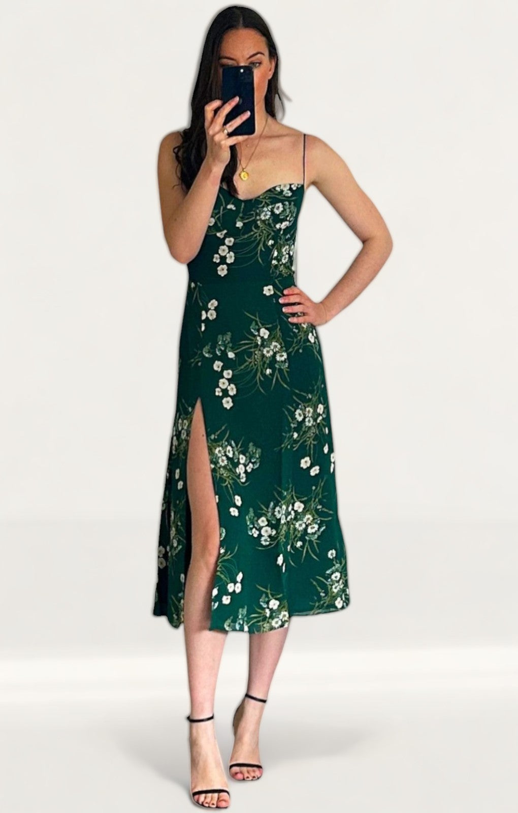 Reformation Juliette Buena Midi Dress in Emerald Floral Print