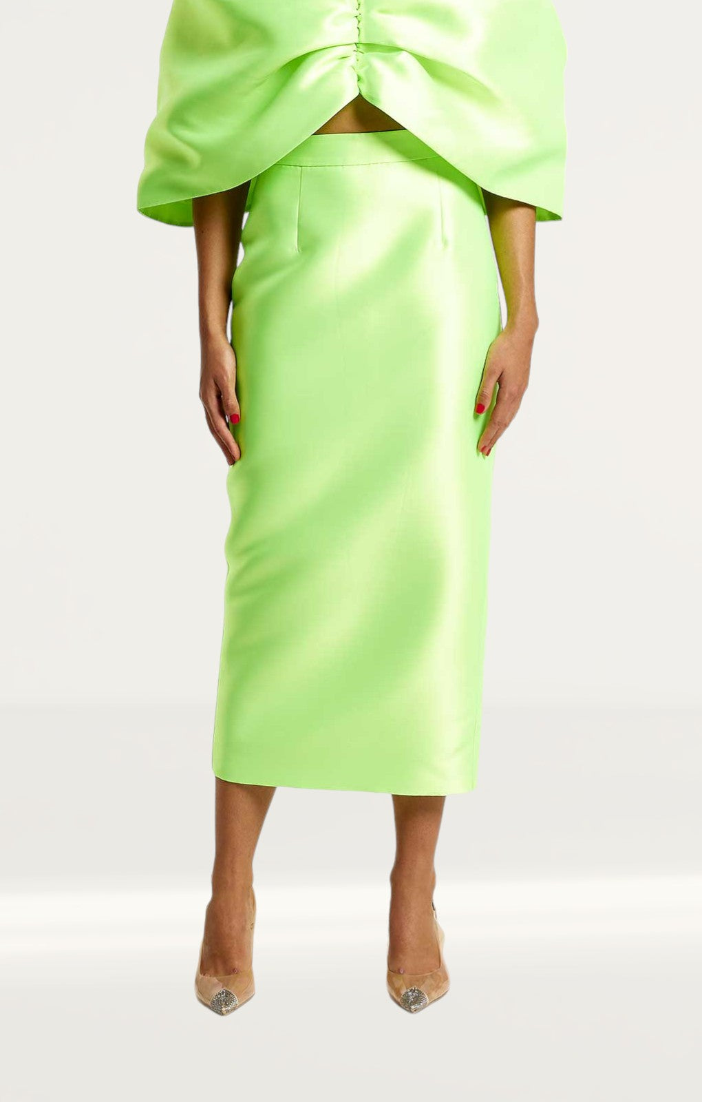 Rent River Island Lime Green Satin Cropped Bardot Top Midi Skirt Co Ord Hirestreet