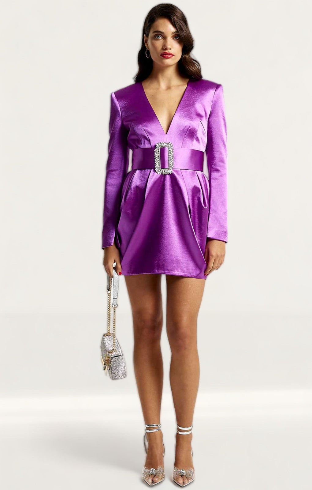 River Island Purple Satin Long Sleeve Bodycon Mini Dress