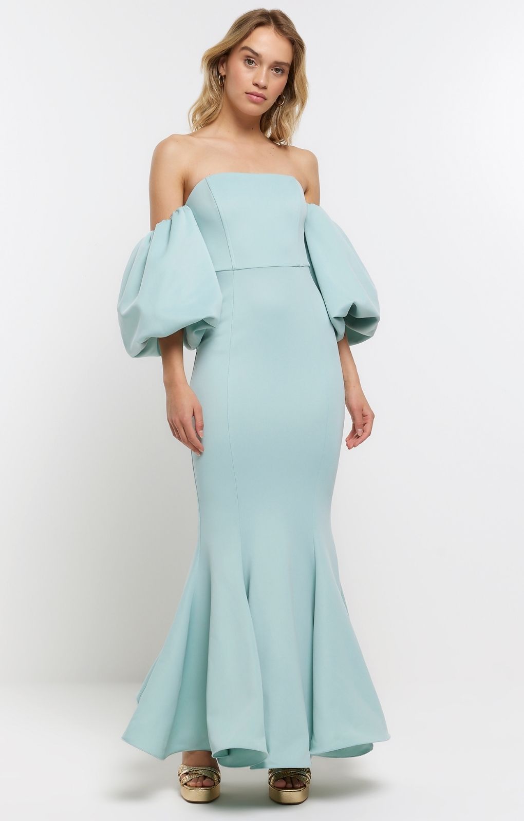 Rent River Island Blue Bardot Puff Sleeve Maxi Dress | Hirestreet