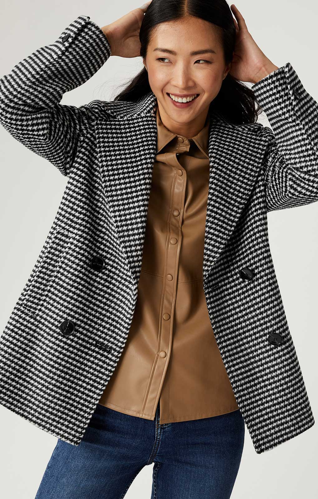 M&S Dogtooth Collared Short Coat with Wool