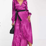 Little Mistress Tasmin Mulberry Polka-Dot Asymmetric Maxi Wrap Dress