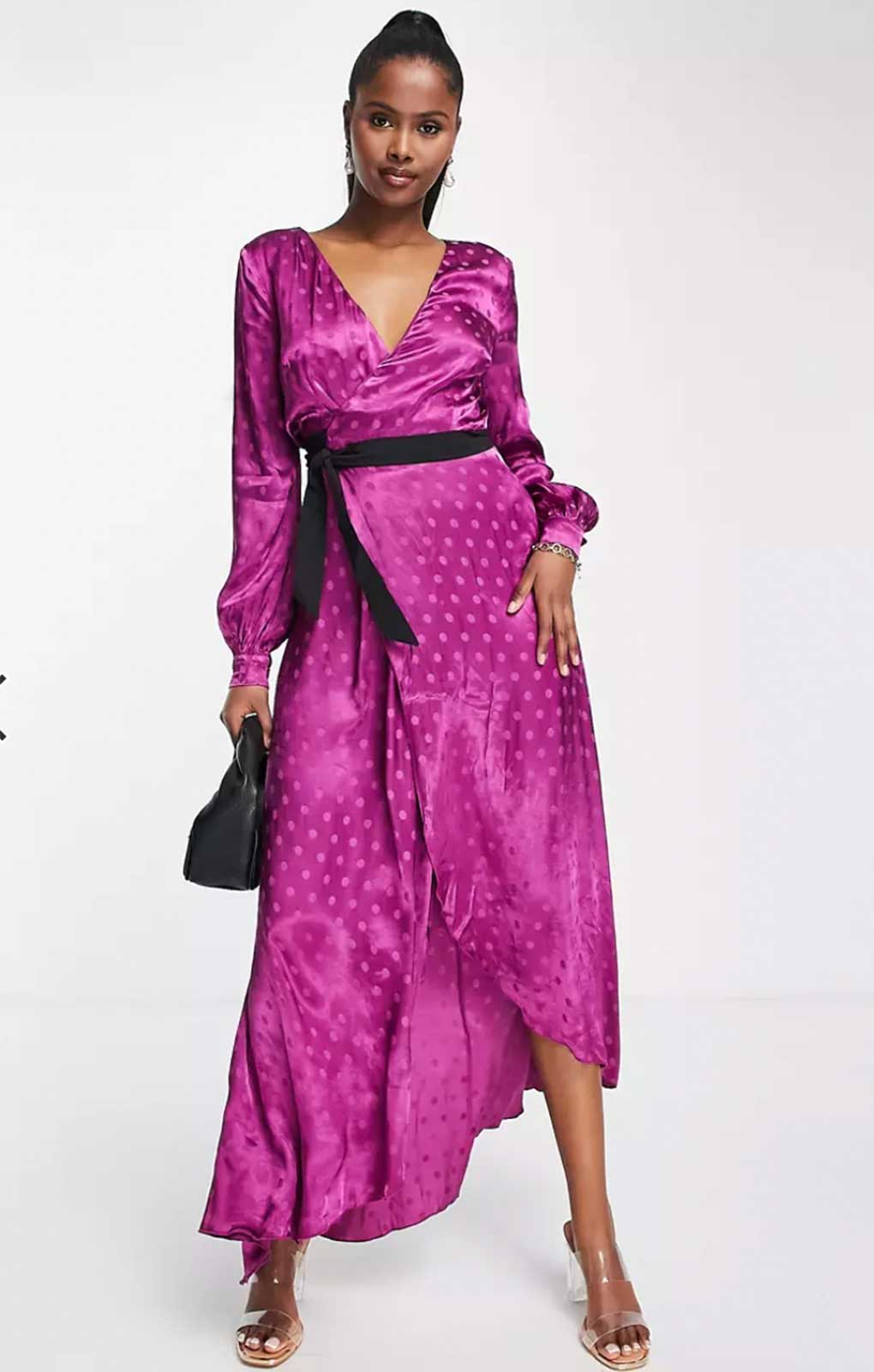 Little Mistress Tasmin Mulberry Polka-Dot Asymmetric Maxi Wrap Dress