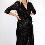 Little Mistress Vogue Williams Black Sequin Wrap Dress