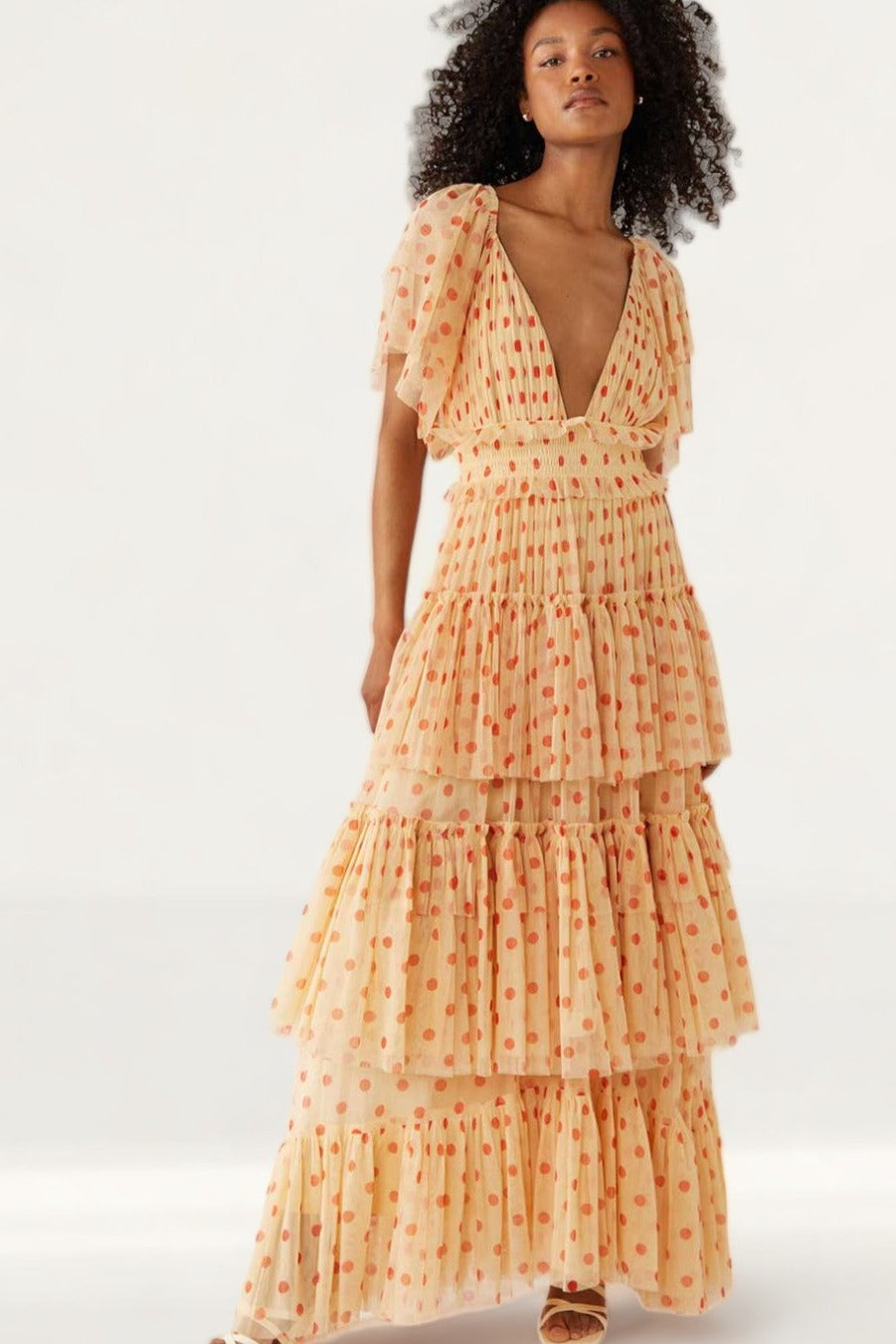 Warehouse Spot Printed Tulle Plunge V Neck Maxi Dress