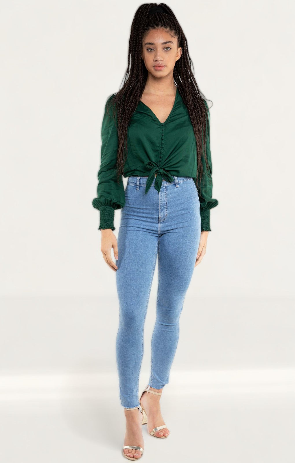 Zara Green Satin Blouse With Knot Detail
